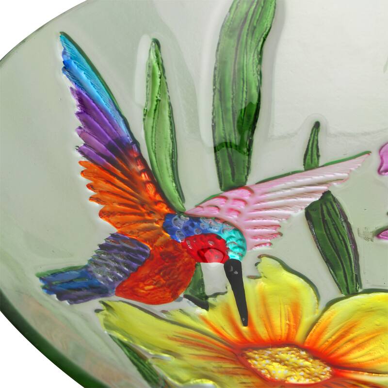 18" Glass Birdbath w/ Colorful Flowers w/ Metal Stand