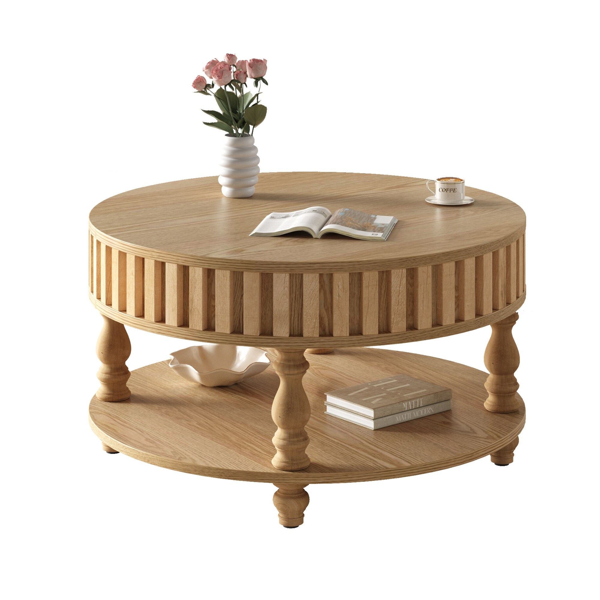 Modern Fluted Coffee Table with Storage, Black Finish Center Table