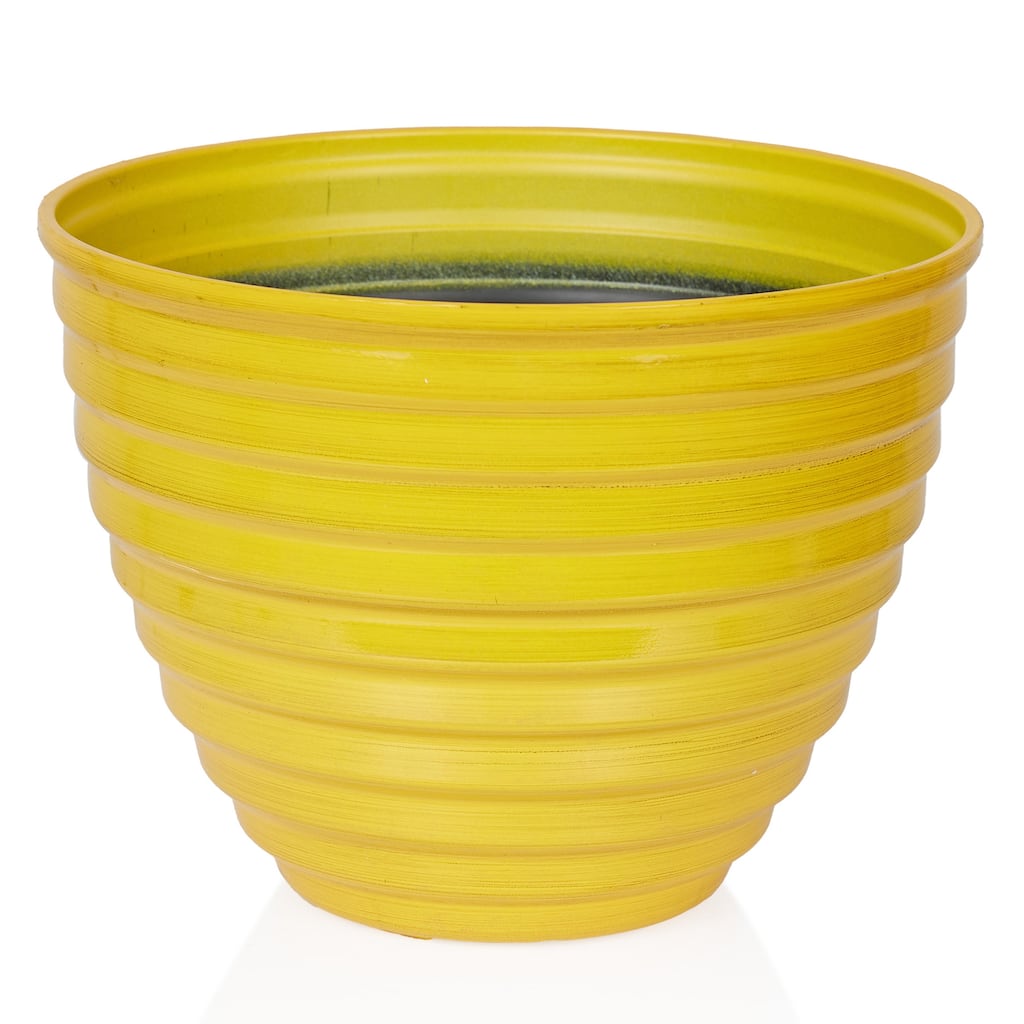 12" Yellow Ribbed Plastic Planter