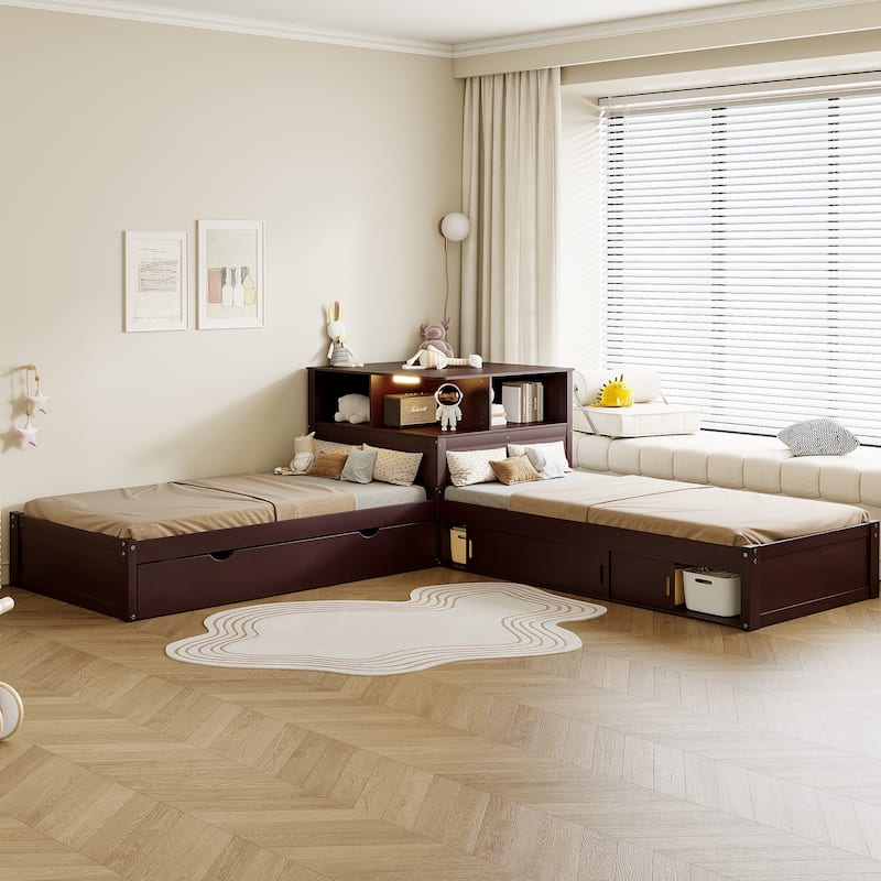 Twin Size L-shaped Bed with Trundle Bed and Storage Cabinets, Desk, Lighting, Corner Platform Storage Bed