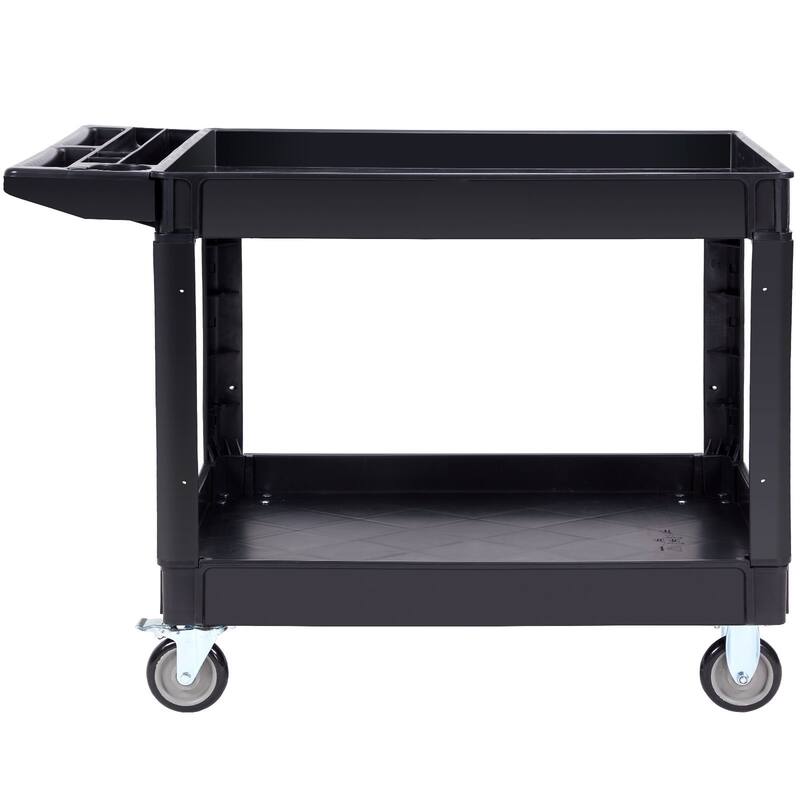 Black Heavy-Duty Plastic Utility Service Cart with 2 Storage Shelf and Lockable Swivel Wheels - 45.67 x 25.59 x33.46 in