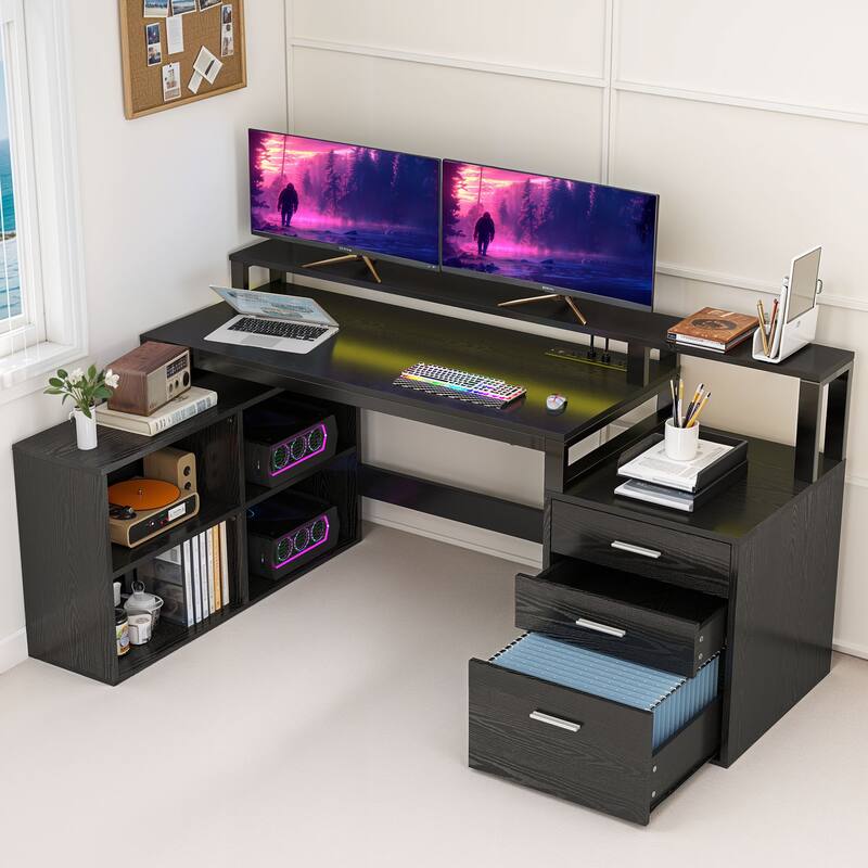 Moasis 65" Computer Desk with Filing Cabinet and Storage Shelves, LED Lighting Corner Home Office Desk - Black