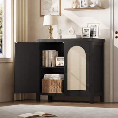 Rattan Sideboard Buffet Cabinets with Storage, Farmhouse Kitchen Accent Storage Cabinet, Boho Coffee Bar Cabinet