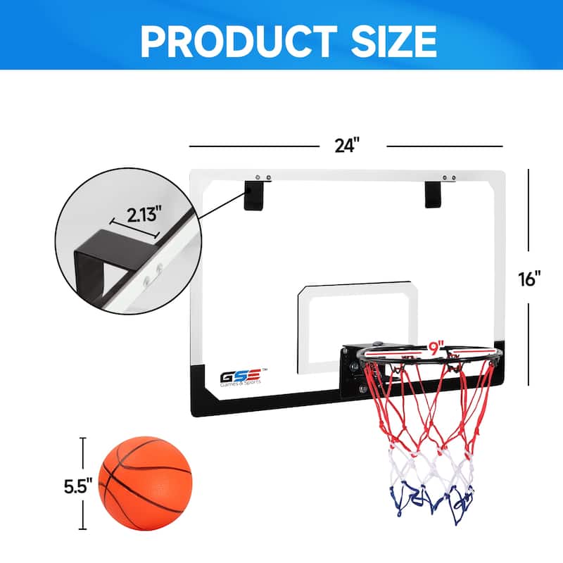 GSE™ 24"x16" Over-The-Door Pro Basketball Hoop with Basketball & Pump, Large Basketball Backboard & Hoop Set