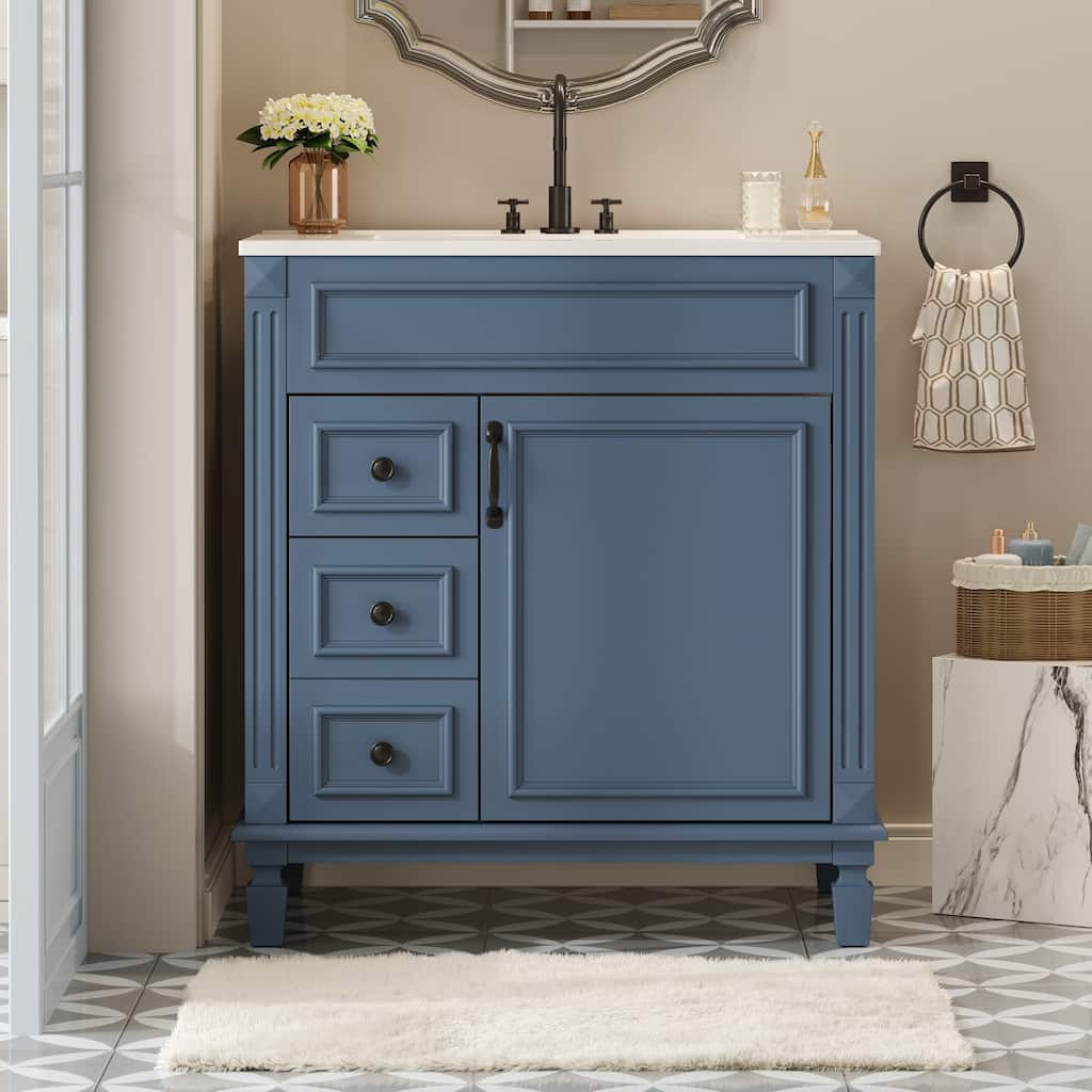 Roomfitters 30" Bathroom Vanity with Ceramic Sink, Storage Cabinet with Drawers and Adjustable Shelf, Blue Bathroom Cabinet