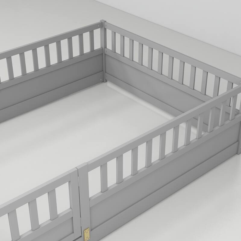 Full Size Montessori Floor Bed Frame with High Security Barrier and Door, Safe and Functional Bed for Kids Bedroom Furniture
