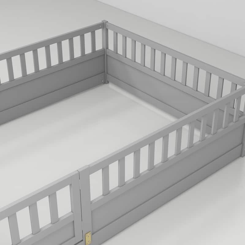 Grey Full Size Pine Wood Floor Bed, Integral Construction with Super High Security Barrier, Door, Children's Floor Bed Frame