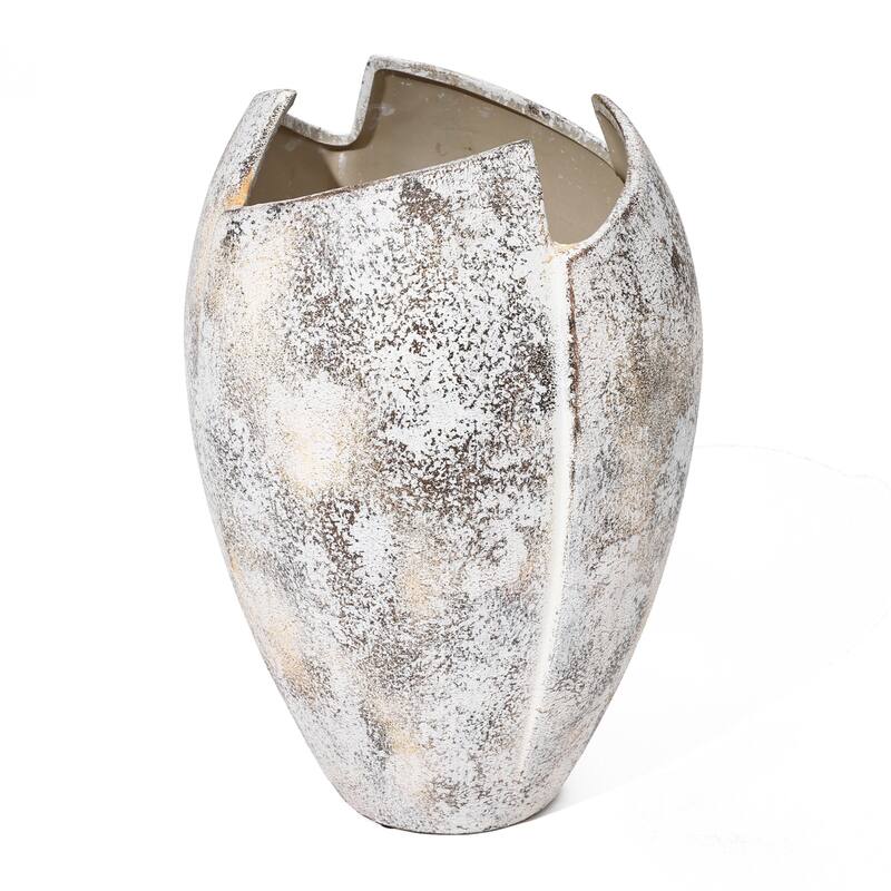 Marbled White Modern Jagged Top Urn Tall Stoneware Vase (Single)