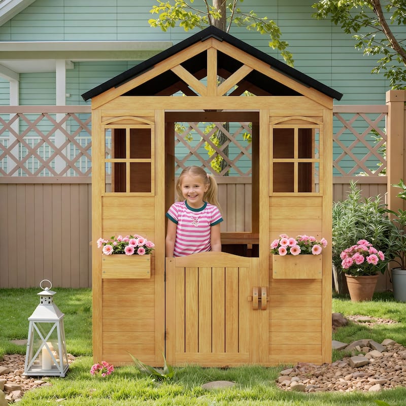 Wooden Adventure Cottage Playhouse for Kids with Working Door, Windows, Service Station, and Flower Pot Holders