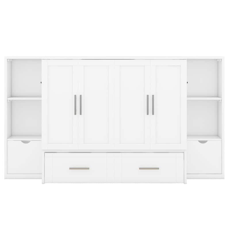 Queen Size Wood Murphy Bed with Shelves,Wall Bed with Drawers and USB Ports