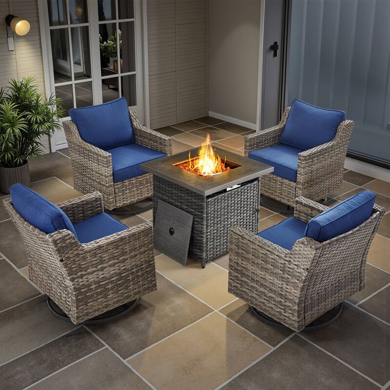 Glissia 5-Piece Gray Wicker Swivel Glider Fire Pit Set with Square Wicker Fire Table