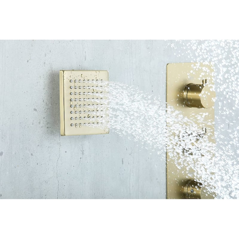 brushed gold dual shower heads 4 way thermostatic shower system with body jets - 7'6" x 10'9"
