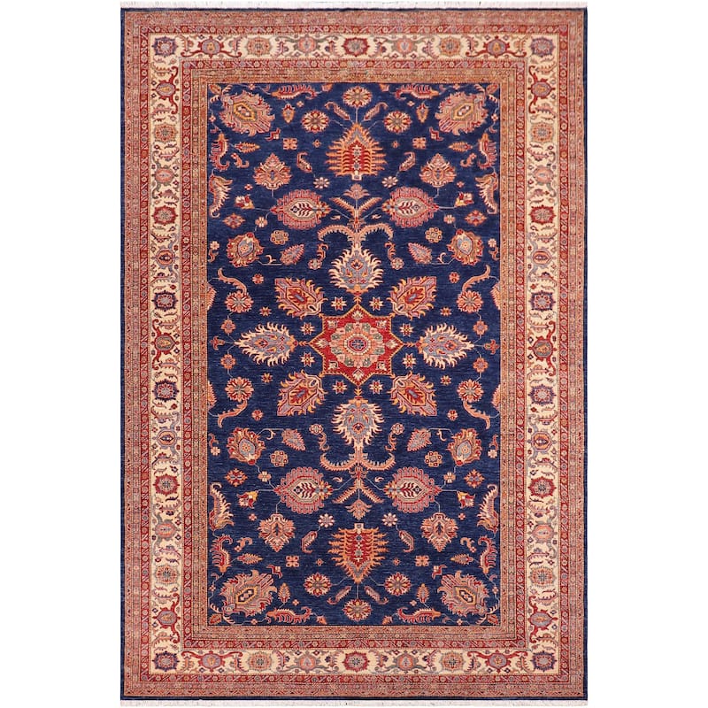 Southwestern Super Kazak Harmony Blue/Beige Hand Knotted Wool Rug - 7'11'' x 11'2''