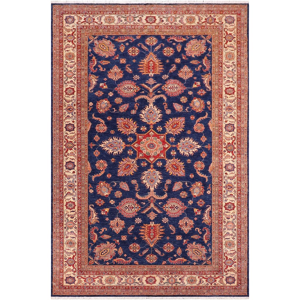 Southwestern Super Kazak Harmony Blue/Beige Hand Knotted Wool Rug - 7'11'' x 11'2''