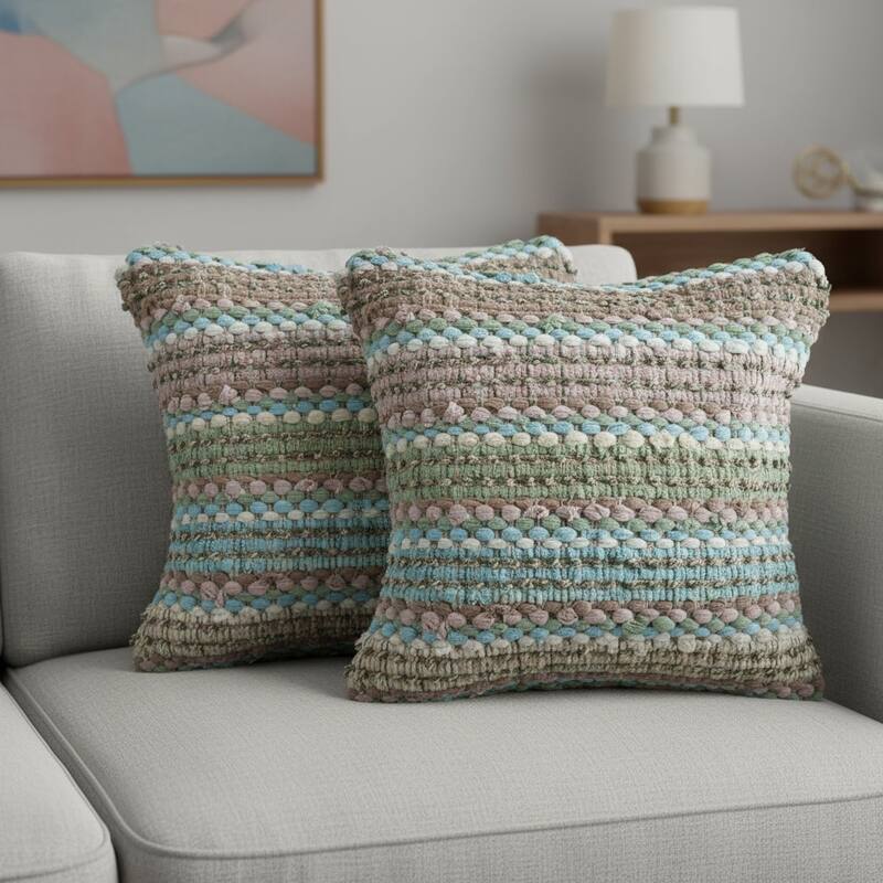 HomeRoots Set of Two 18" Beige Blue and Green Striped Cotton Blend Throw Pillows