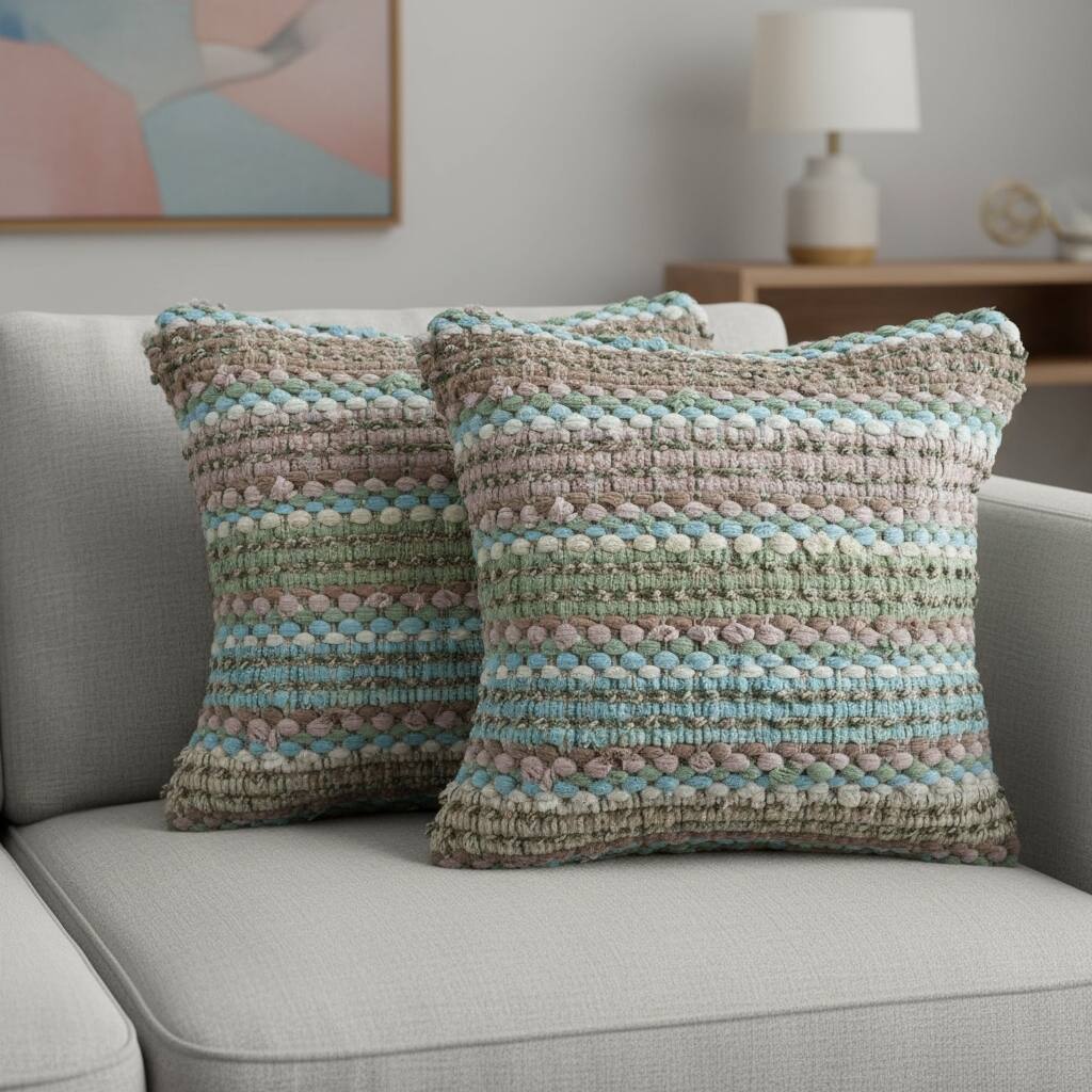 HomeRoots Set of Two 18" Beige Blue and Green Striped Cotton Blend Throw Pillows