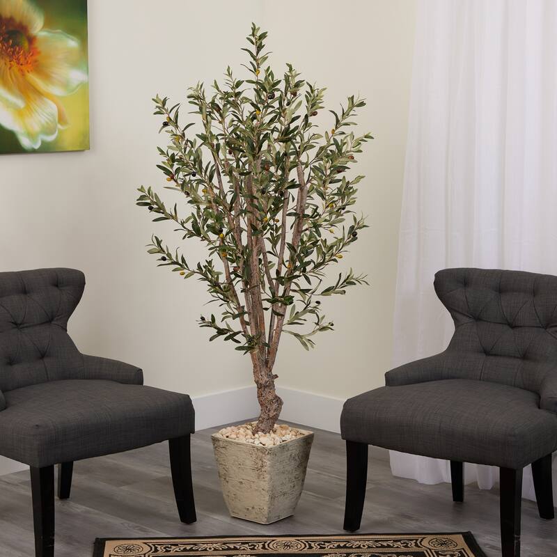 Artificial Olive Tree with Planter - 5ft Indoor Faux Tree, Realistic Greenery Decor, Home Office Accent - Green - 51-60 Inches