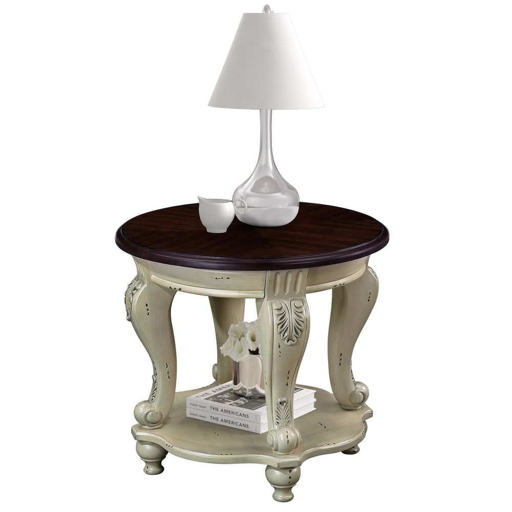 Round Sofa End Table 2-Tier Side Table with Lower Open Storage Shelf, Antique Floral Carvings and Solid Wood Cabriole Legs