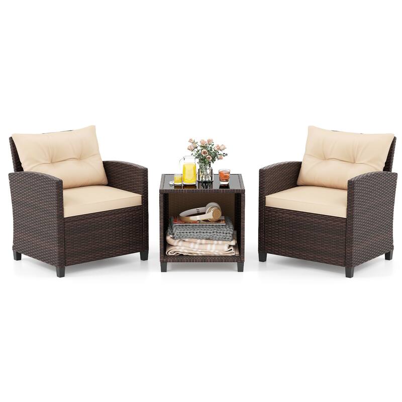 Gymax 3-Piece Patio Furniture Set PE Rattan Conversation Set w/ Glass