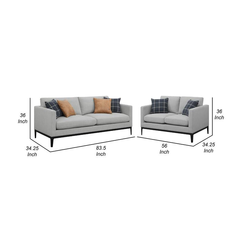 Azzy 2pc Sofa and Loveseat Set, Modern Track Arms, Light Gray Fabric