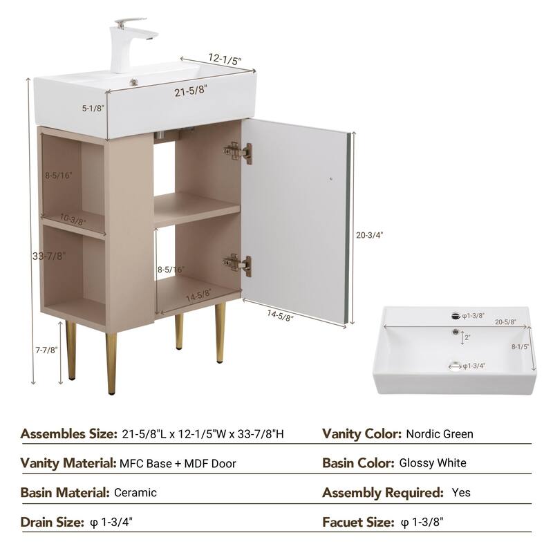 Compact White Bathroom Vanity with Ceramic Sink, Soft-Closing Cabinet, and Brushed Copper Accents for Small Spaces