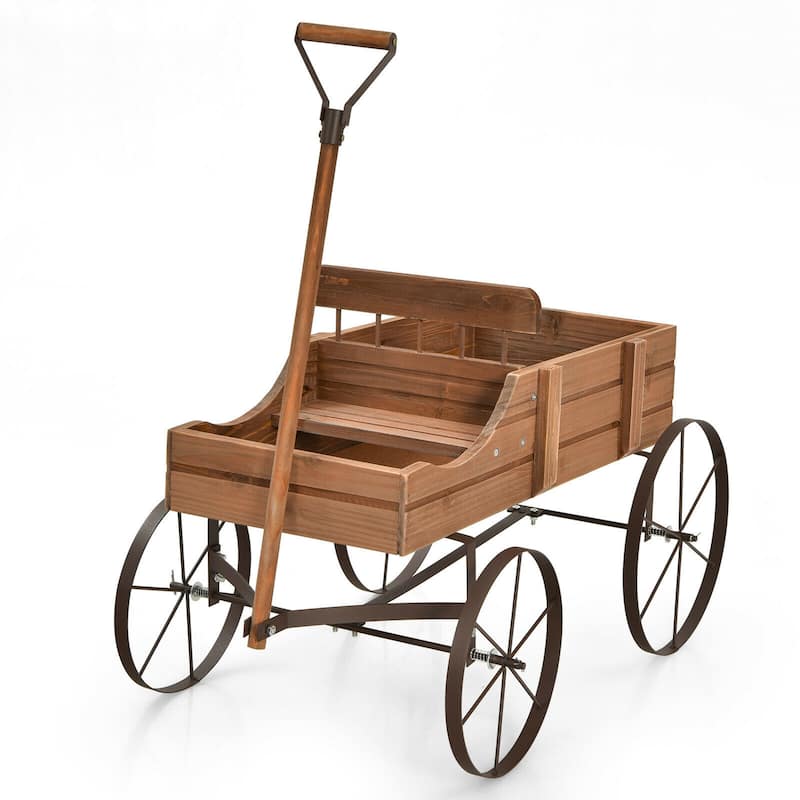 Gymax Garden Plant Planter Wooden Wagon Planter W/ Wheel Garden Yard - 24.5'' x 13.5'' x 24''