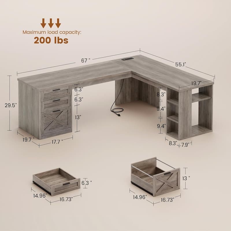 Farmhouse Executive L Shaped Desk Home Office Desk with Drawers and Storage Cabinet & Power Outlet