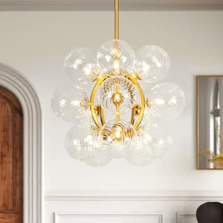 15-Light Brushed Gold Modern Luxury Twisted Glass Globe Iron Chandelier with Adjustable Rod for Living & Dining Rooms