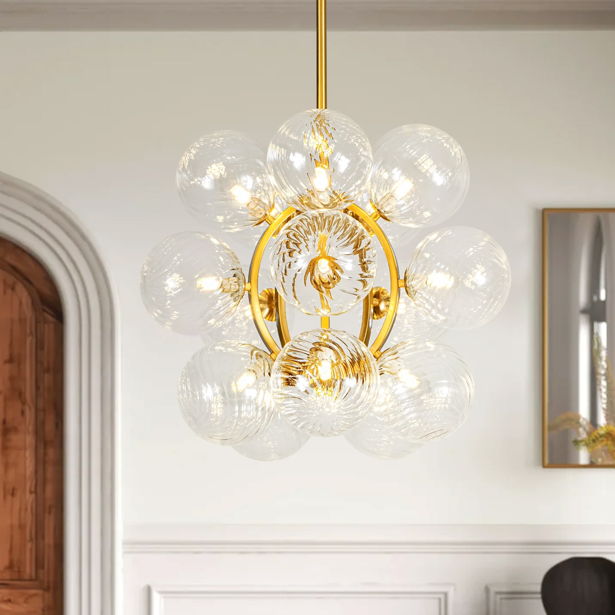 Rennnsan 15-Light Brushed Gold Modern Twisted Glass Globe Iron Chandelier with Adjustable Rod for Living & Dining Rooms