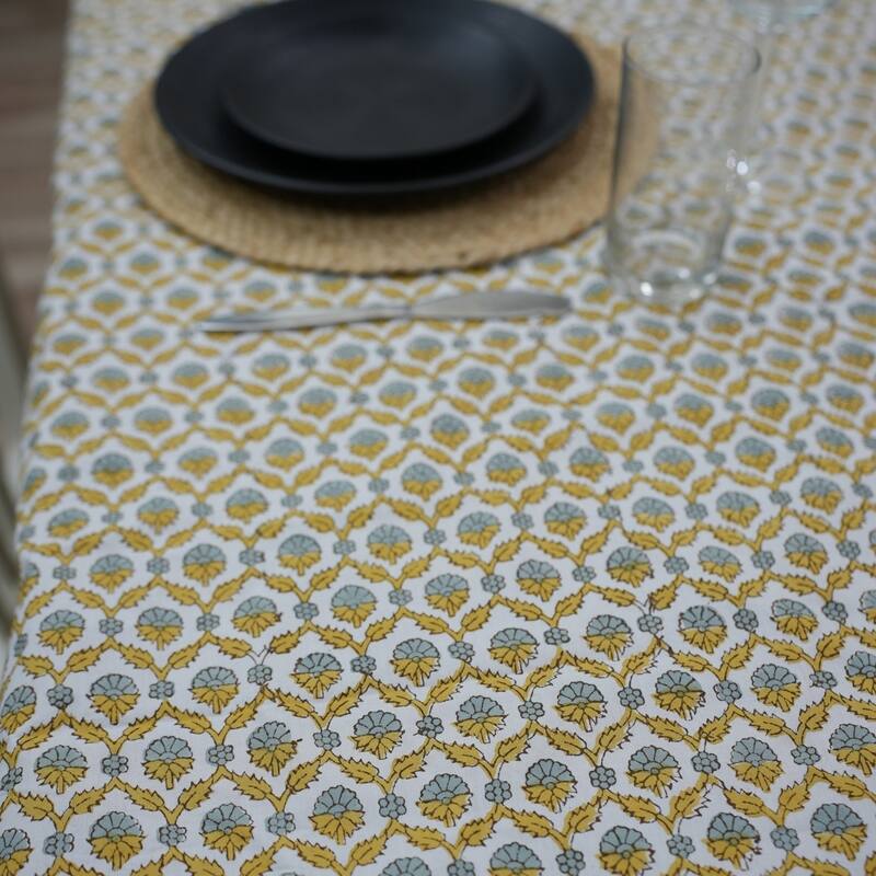 Fabdivine Handmade Block Print Cotton Brown Table Cover or Cloth Dining, Farmhouse & Kitchen Décor