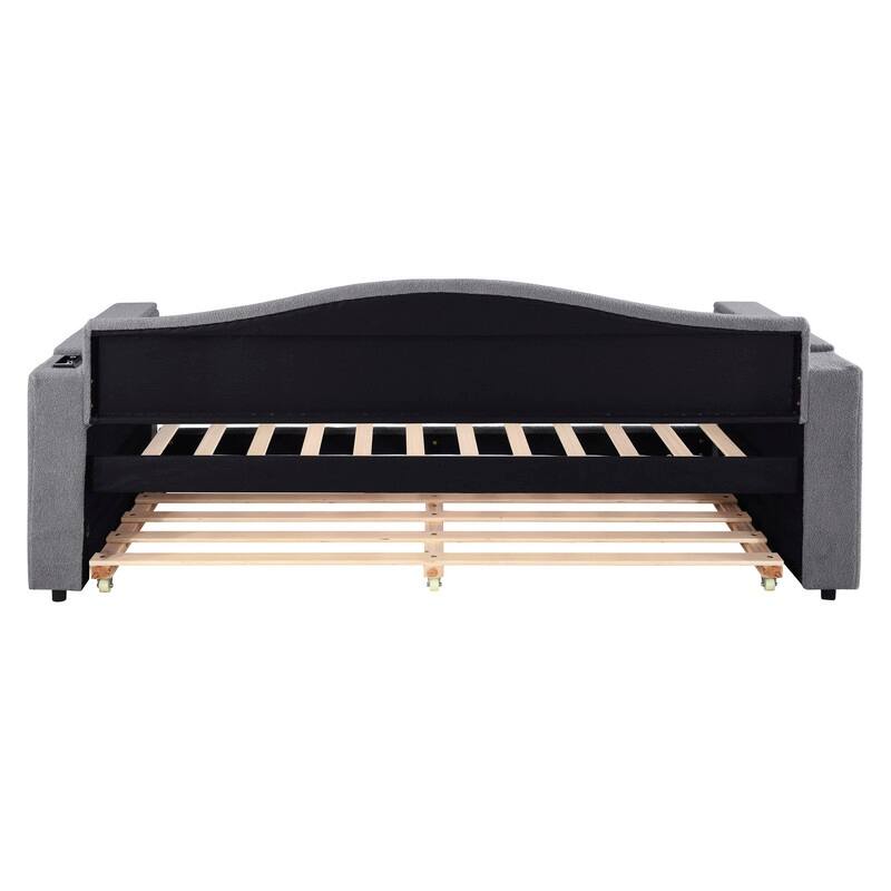 Twin Size Upholstered Daybed with Storage Armrests, Trundle and Latest Integrated Bluetooth Audio System, Teddy Fleece