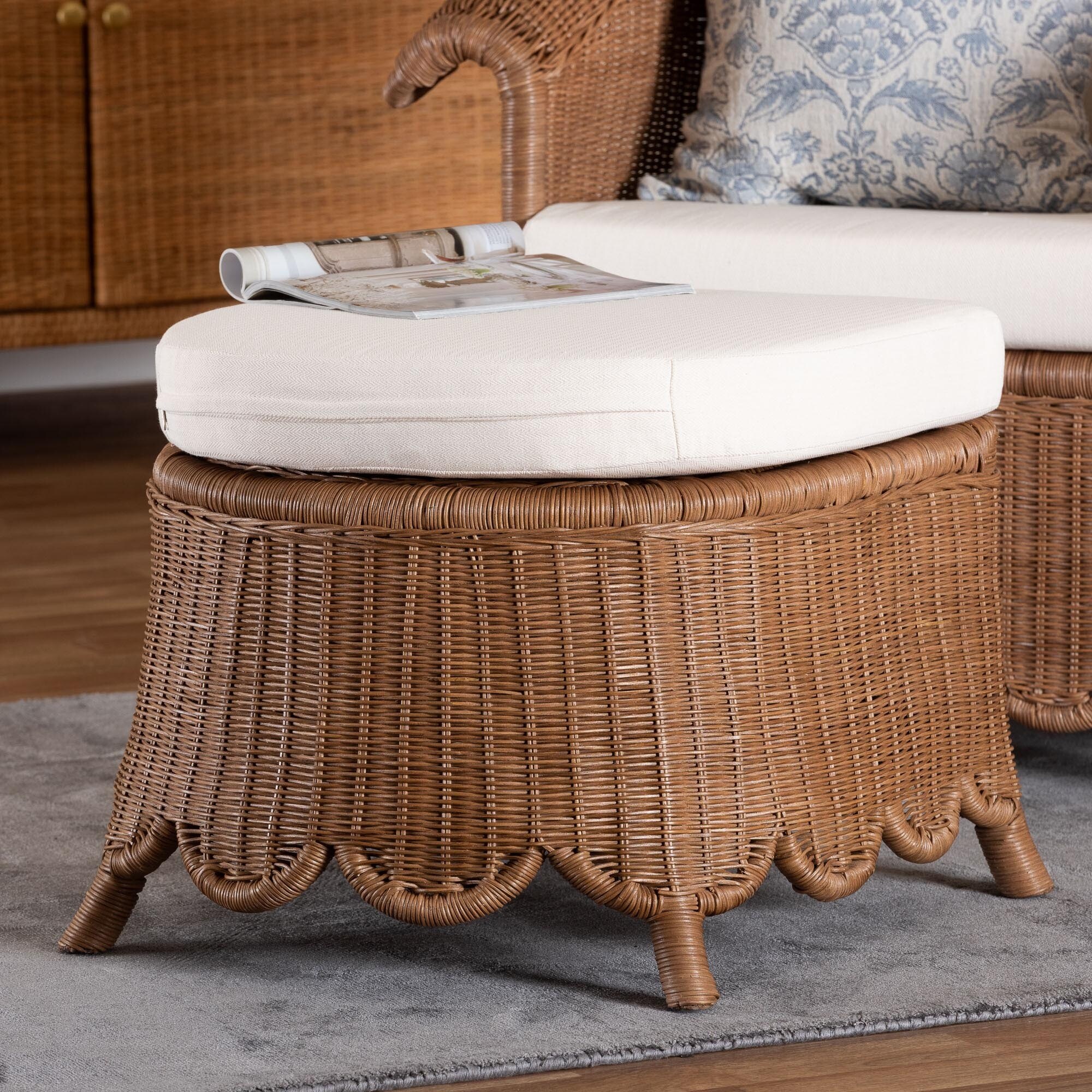 Detta Natural Rattan Footstool with Cushion - Handwoven Wicker
