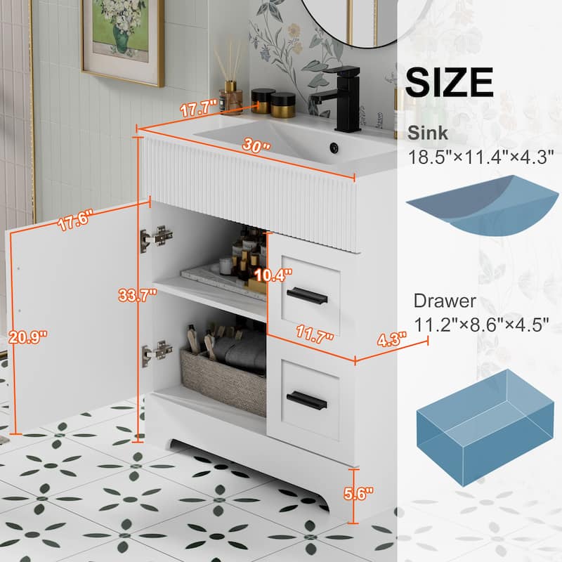 30"/36"/48" Single Bathroom Vanity Set with Drop in Sink Top with Wave Lines