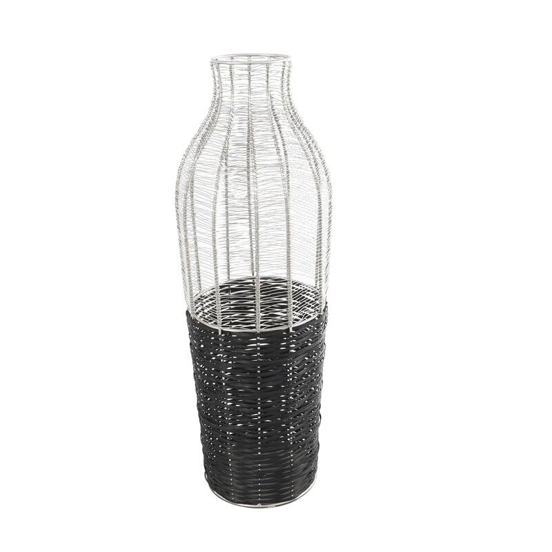 Metal Tall Decorative Vase with Woven Black Rattan Base - Silver - Roche River Decor