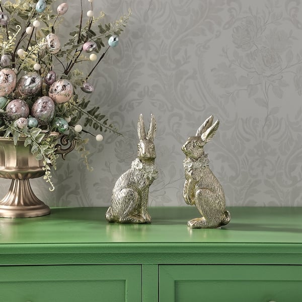 slide 2 of 4, 7.5" Resin Bunny With Floral Collar Set of 2