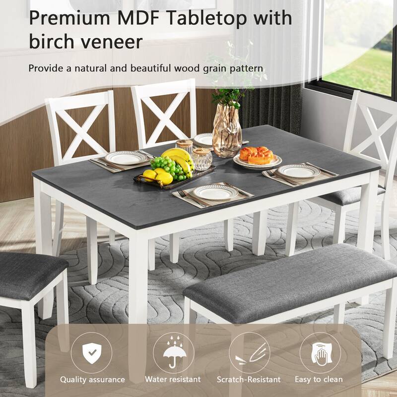 Modern 6 Piece Wooden Dining Table Set, Rectangular Table with 4 Upholstered Chair and X Back & Bench, for Restaurant and Bistro