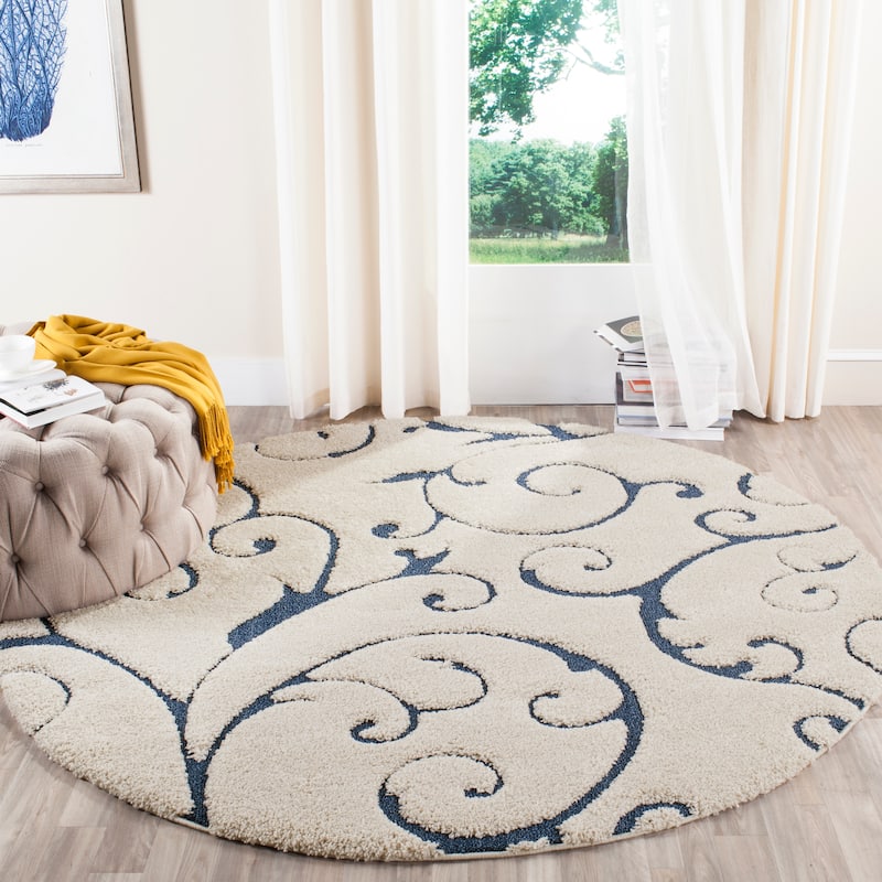 SAFAVIEH Florida Shag Shahin Scroll 1.2-inch Thick Textured Rug - 6'7" Round - Cream/Blue