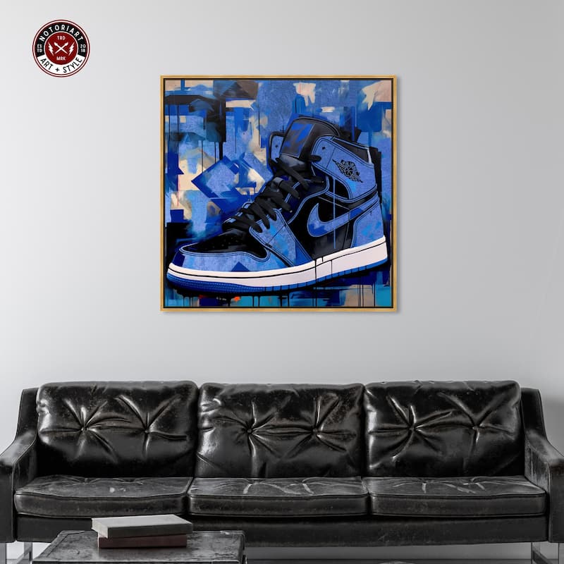 Notoriart Blue Brush Sneakers Framed Sneaker 1 Piece Canvas Wall Art
