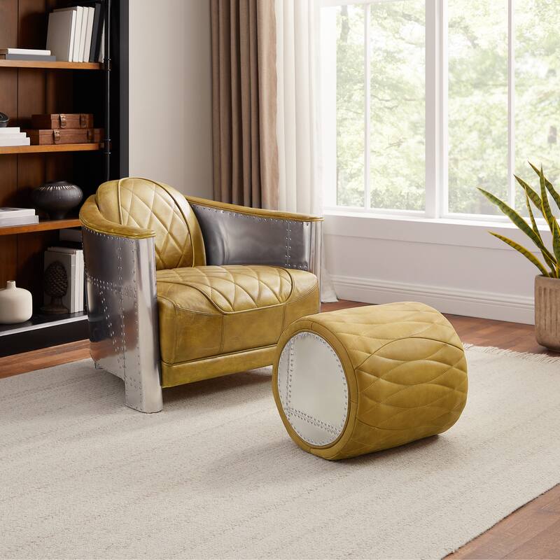Art Leon Industrial Aluminum and Genuine Leather Ottoman Stool