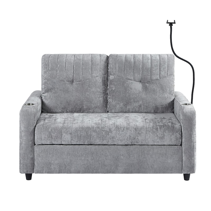 53.9" Chenille Convertible Loveseat with Pull-Out Bed, 3 USB Ports, and Smart Storage