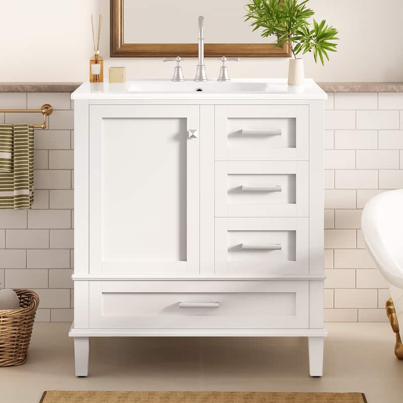 GDFStudio - Lumia Transitional Space Saving Freestanding Bathroom Vanity Cabinet with Ceramic Sink and Soft Close Storage