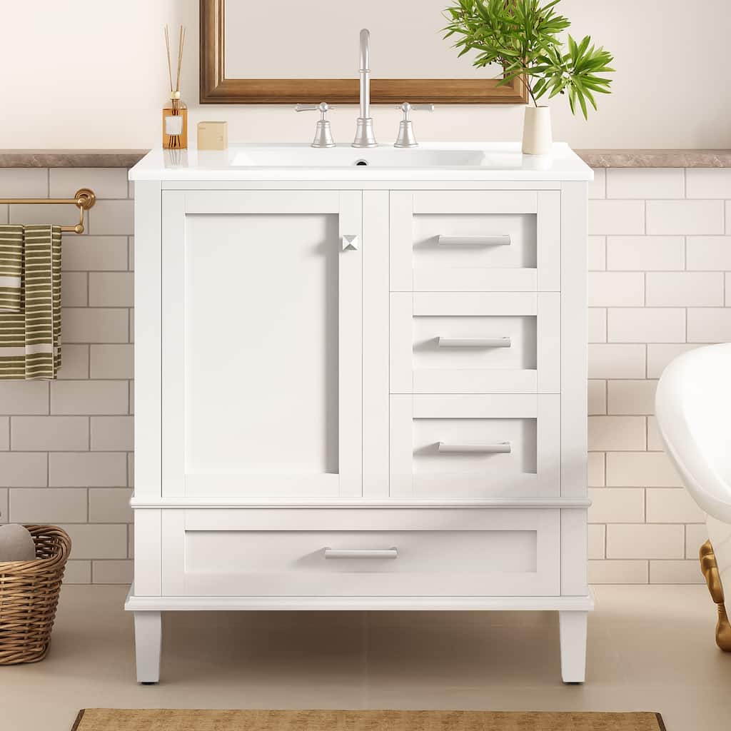 GDFStudio - Lumia Transitional Space Saving Freestanding Bathroom Vanity Cabinet with Ceramic Sink and Soft Close Storage