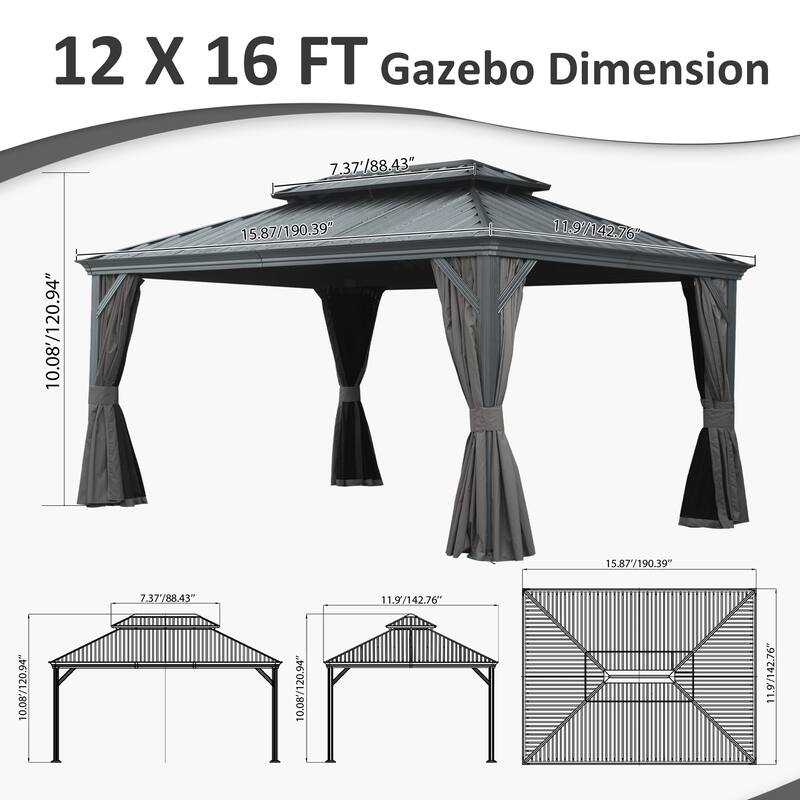 12' X 16' Hardtop Gazebo with Drainage System, Galvanized Steel Roof, Curtains, and Netting for Outdoor Living