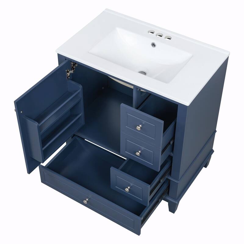 30" Bathroom Vanity with Sink, Soft-Close Door, One Door with Shelf & Three Drawers