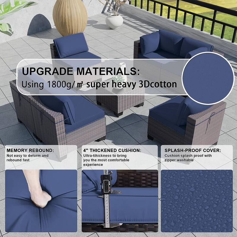 Kullavik 7 Pieces Outdoor Sectional Sofa Set Brown Wicker Patio Conversation Set with Seat Cushions and Tempered Glass Table