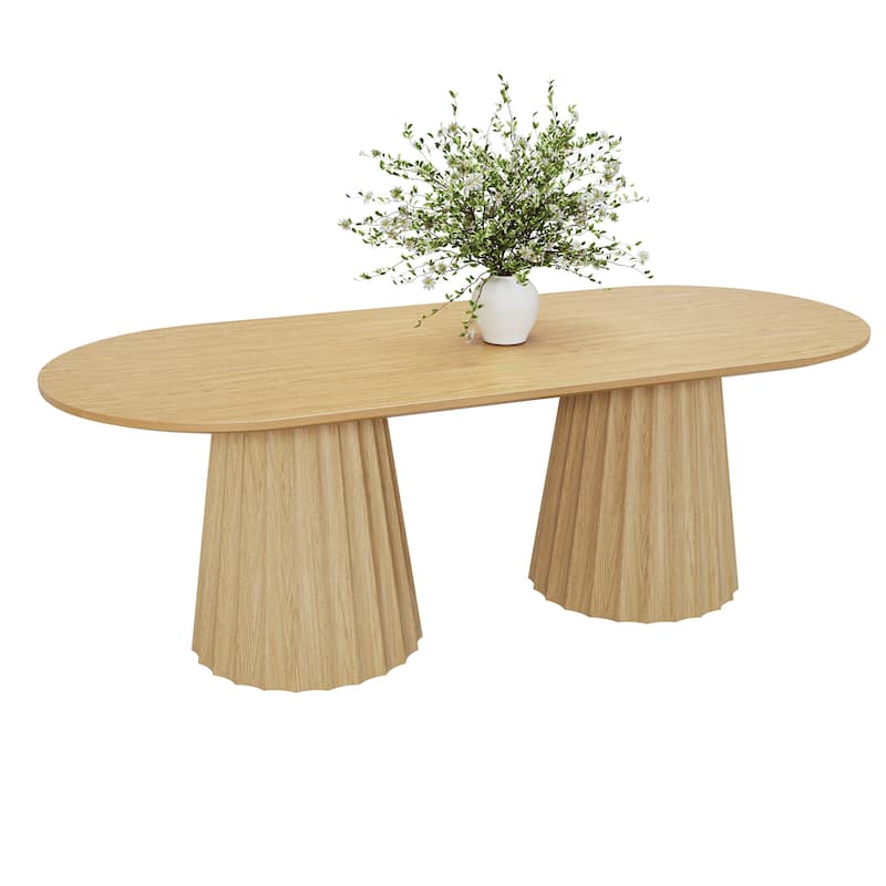 86" Modern Oval Dining Table Set with 8 Upholstered Chairs Textured Wood Top & Dual Pleated Pedestal Base
