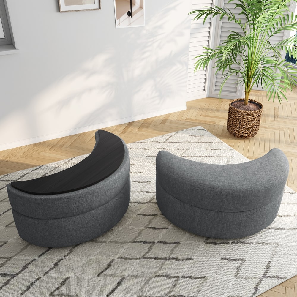 Upholstered Half Moon Storage Ottoman with Tray Set of 2