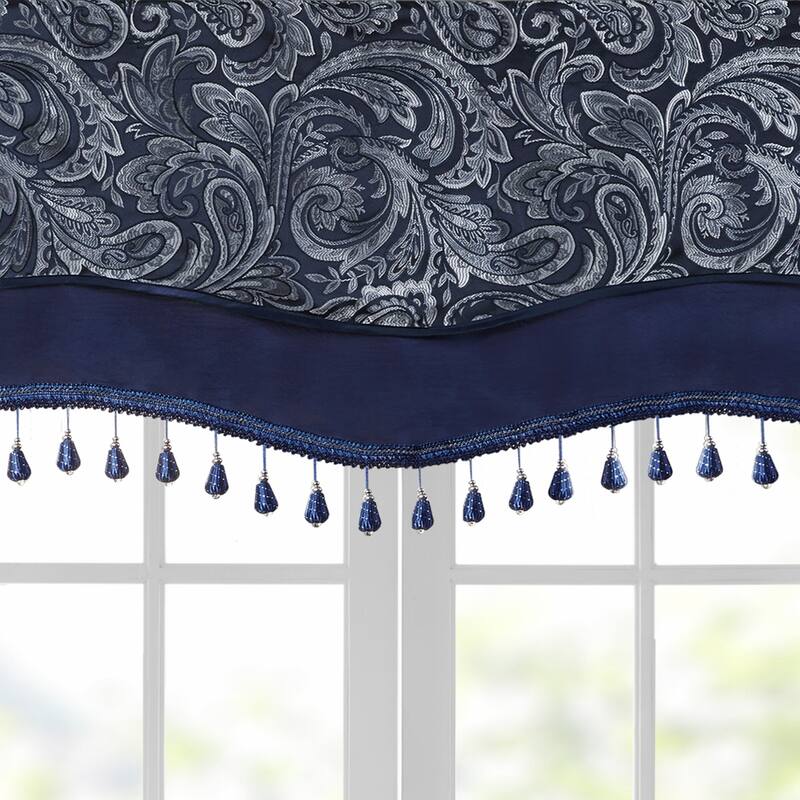 Madison Park Whitman Jacquard Window Rod Pocket Valance with Beads - 50 x 18"