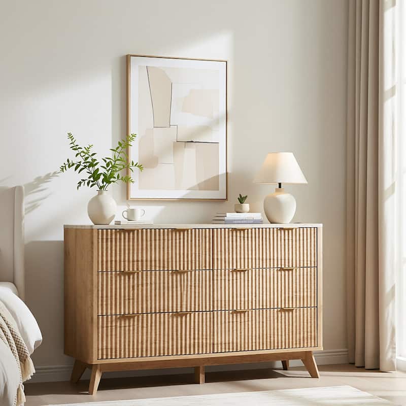 Modern Fluted 6 Drawers Dresser, Chest of Drawers, Dresser TV Stand - Natural Oak