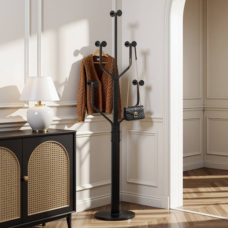 Freestanding Metal Coat Rack with 10 Hooks and Heavy Duty Marble Base - 68.1"H x 18.5"W(top) x 13.2"Dia(base)
